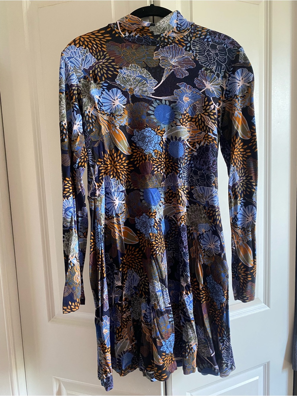 H&M Navy Floral Mock Neck Long-Sleeve Dress with Gold Accents